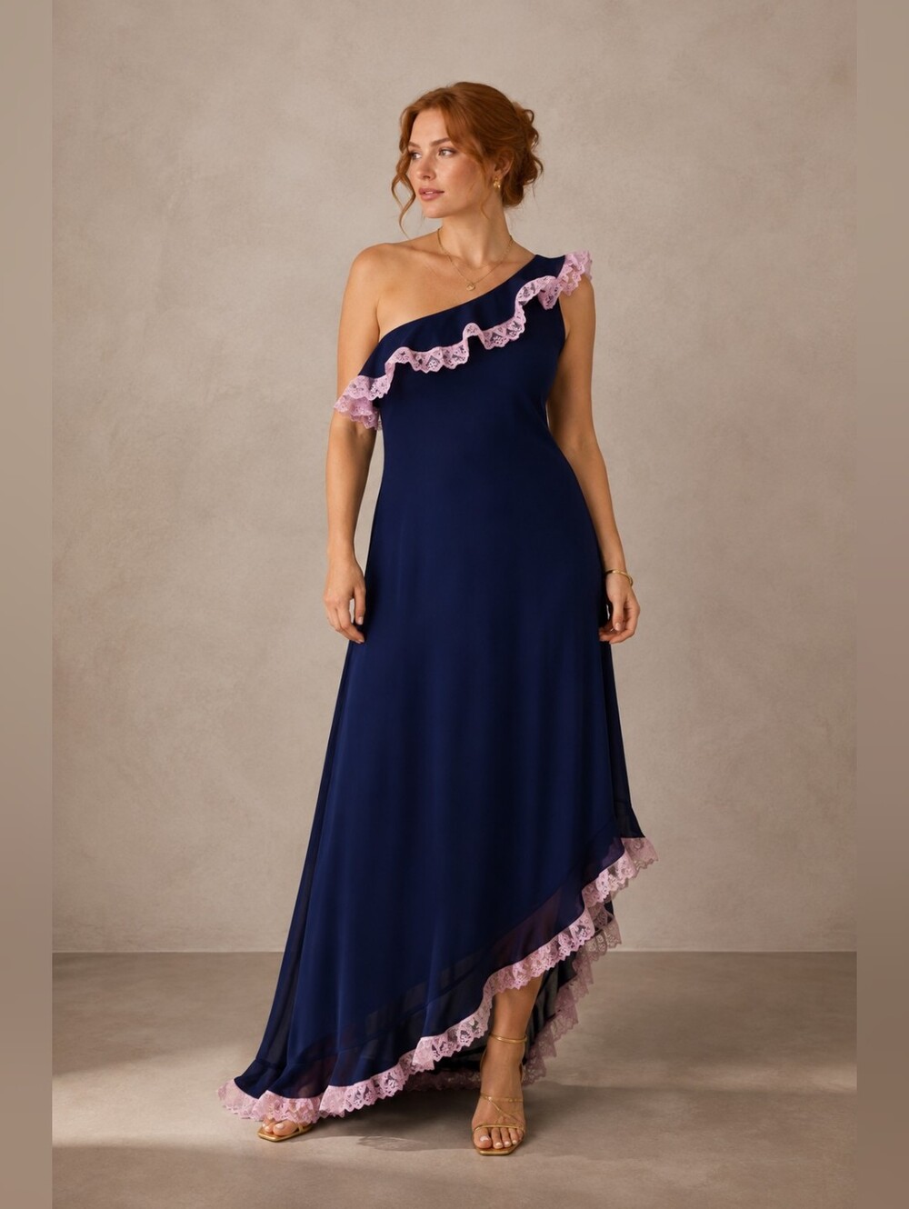Vintage Jessica Navy Blue One Shoulder Maxi Dress | Romantic Pink Lace Ruffle